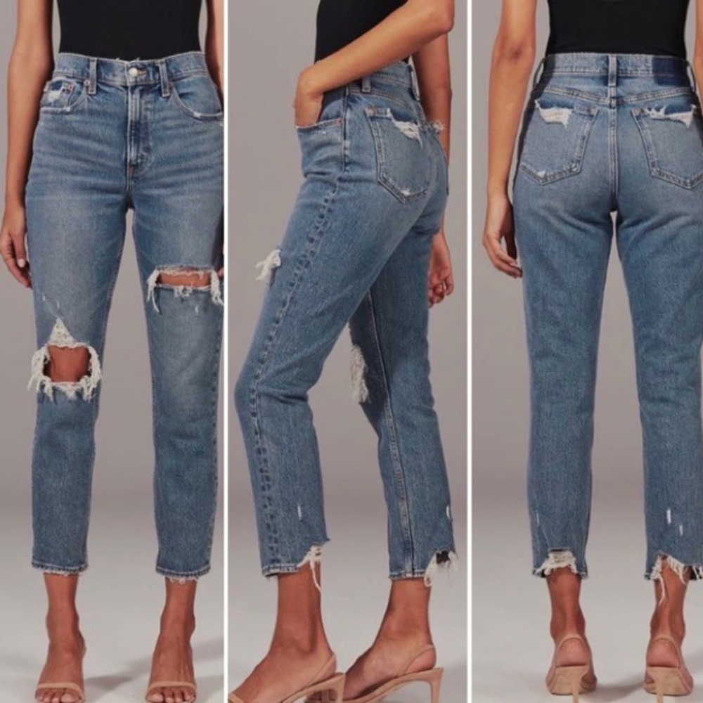 Abercrombie & Fitch High Rise Pipped Mom Jean size 24 Dark Destroyed Wash